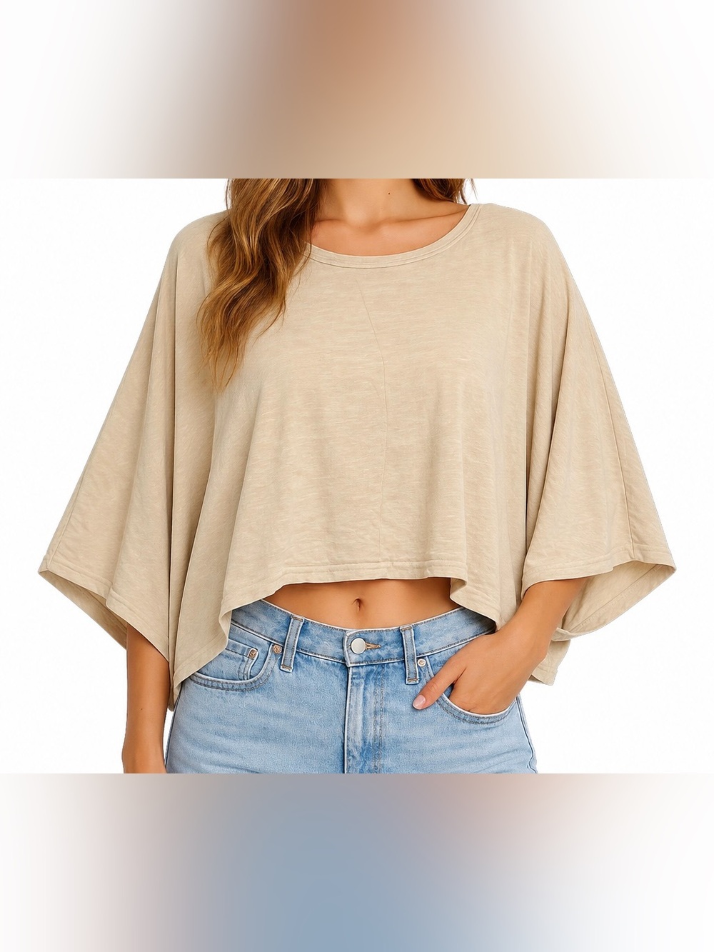 Miou Muse Oversized Slub Cotton Boxy Crop Top Beige Large